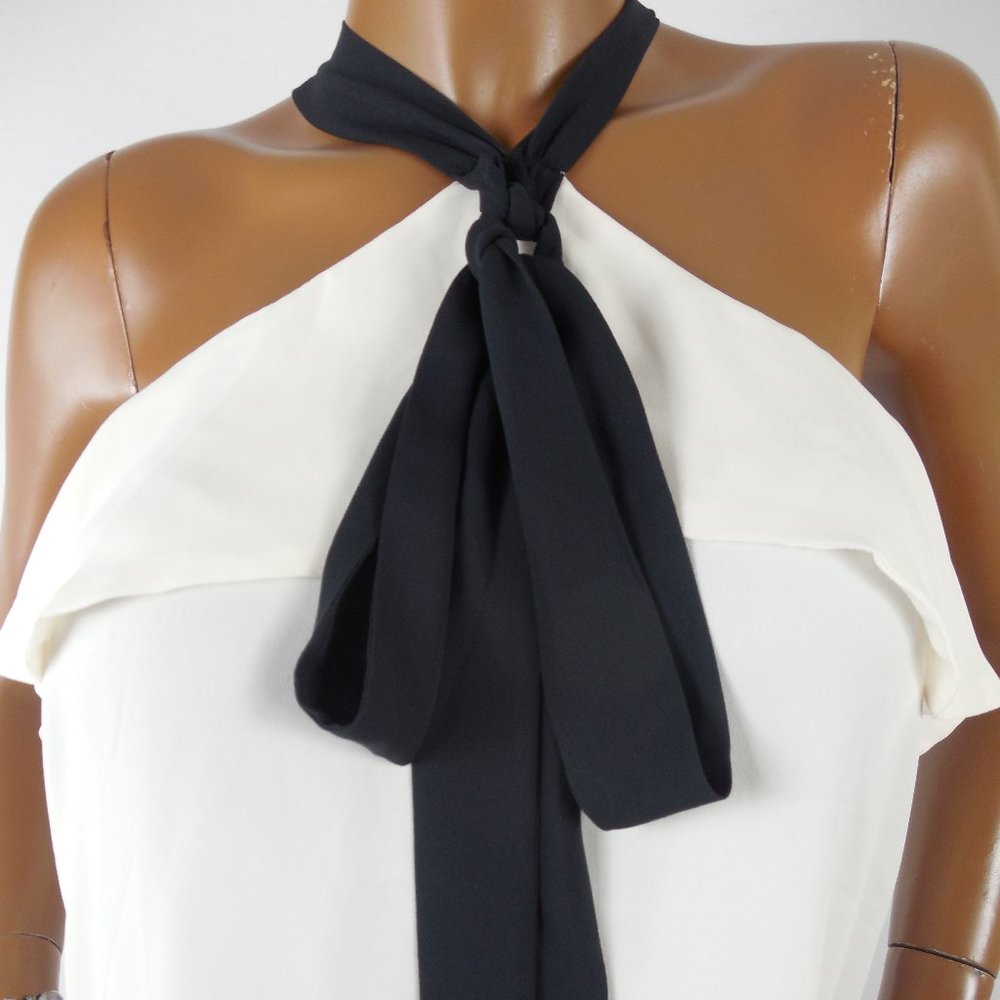 ANN TAYLOR LOFT Top XS Ivory Halter Blouse Black Tie Sleeveless Ruffle Trim - Picture 3 of 9